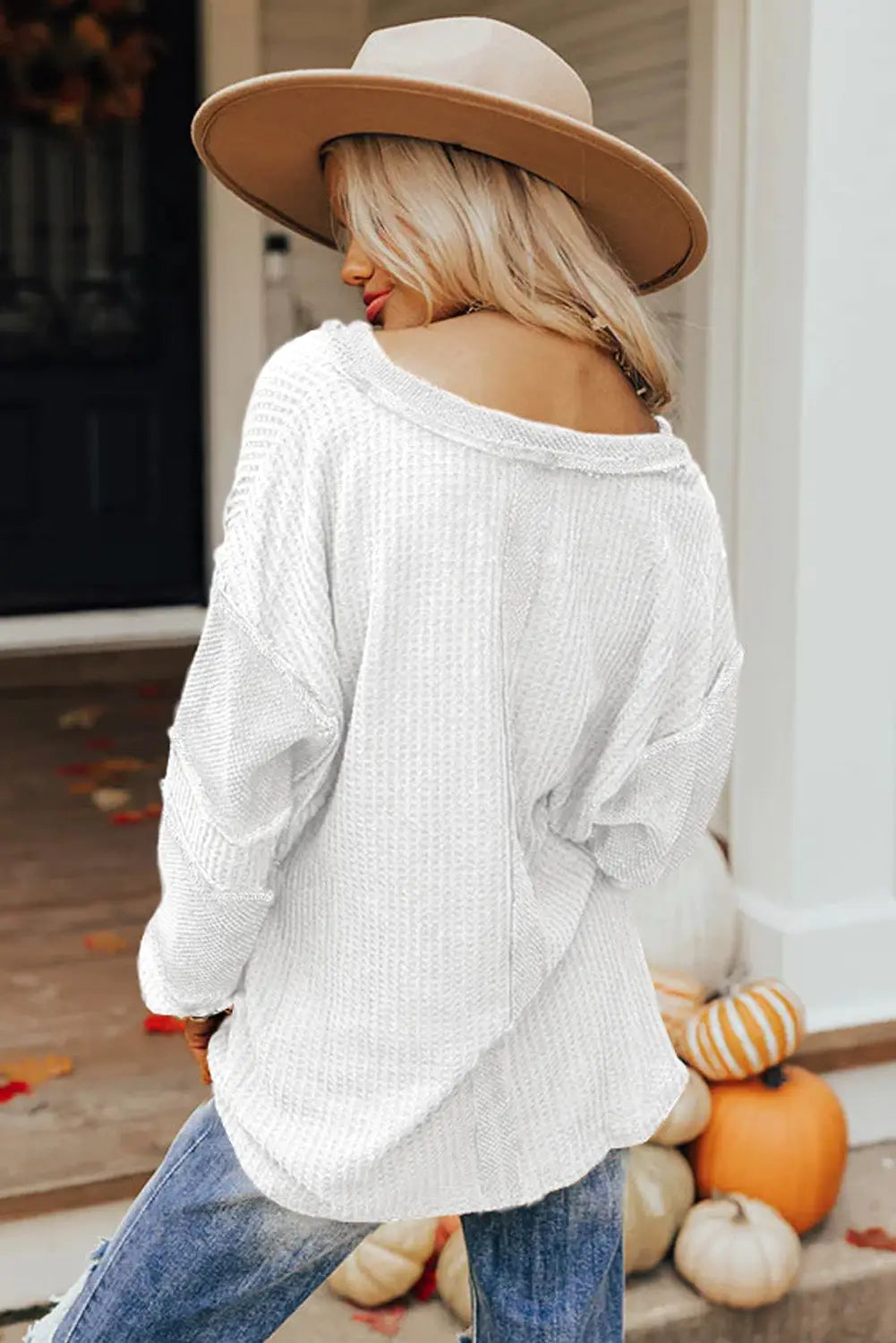 Bright white contrast patched exposed seam waffle knit henley top - long sleeve tops