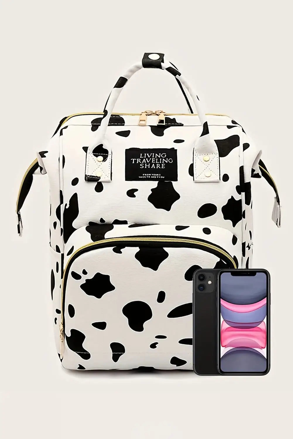 Bright white cow spot print multi pocket canvas backpack - one size / 100% polyester - backpacks