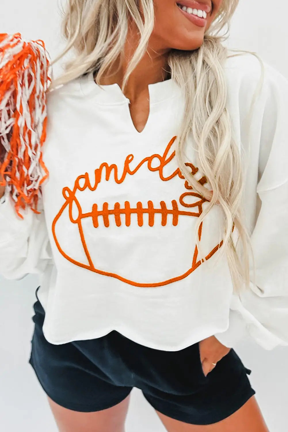 Bright white game day lettering rugby notched neck sweatshirt - s / 65% polyester + 35% cotton - sweatshirts & hoodies
