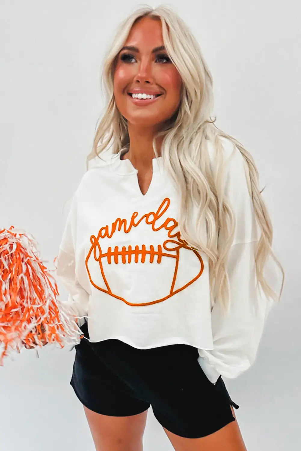 Bright white game day lettering rugby notched neck sweatshirt - sweatshirts & hoodies