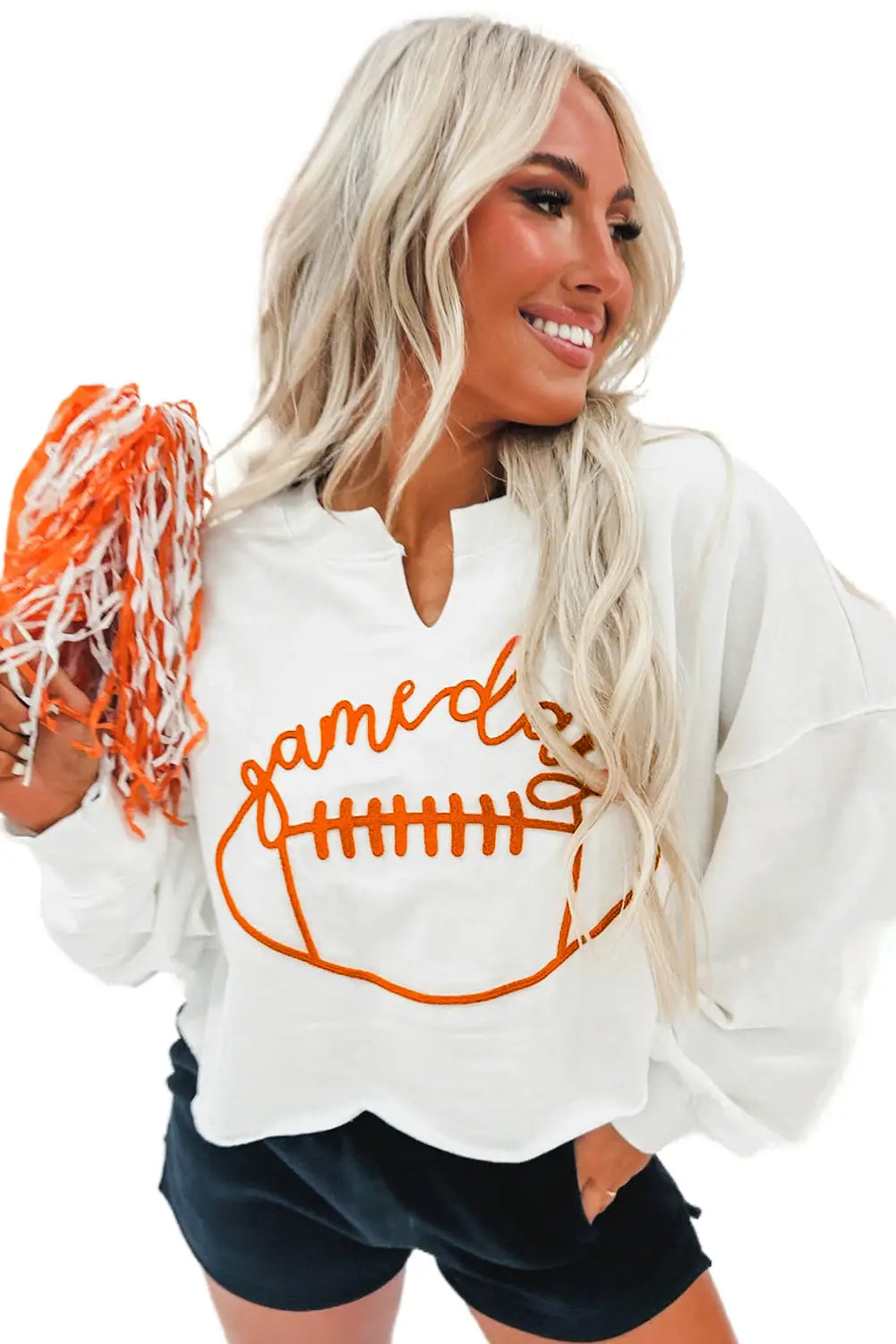 Bright white game day lettering rugby notched neck sweatshirt - sweatshirts & hoodies