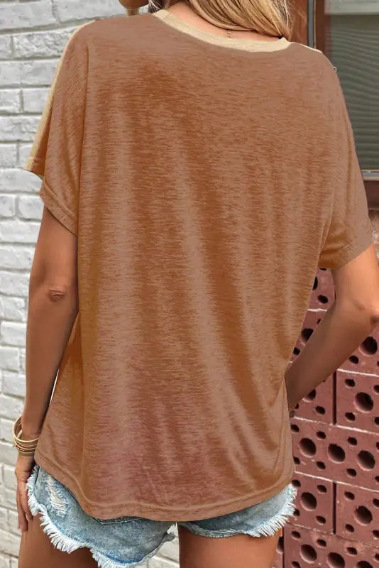 Brown asymmetric cut out color-block t-shirt - t-shirts