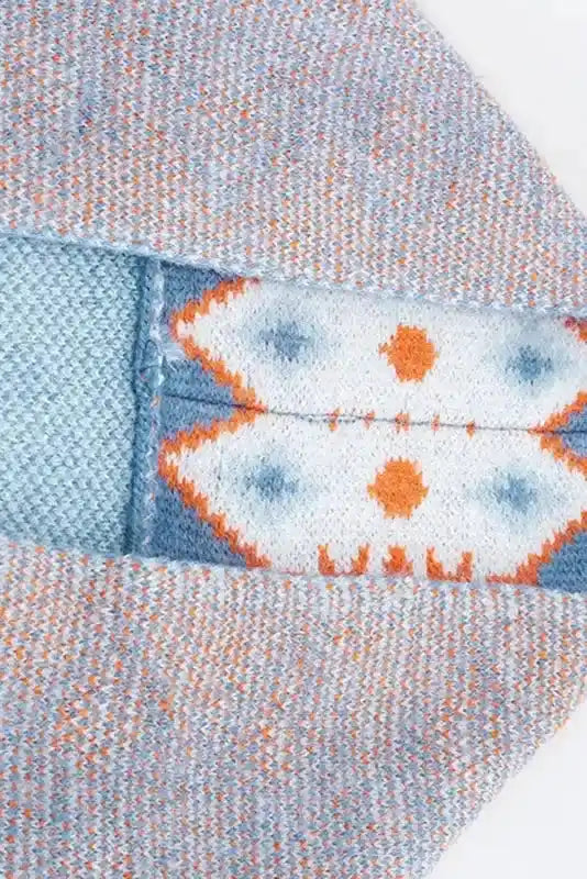 Close-up of Brown Aztec Print Cardigan collar detailing, showing intricate knit pattern and soft fabric texture in blue and orange.