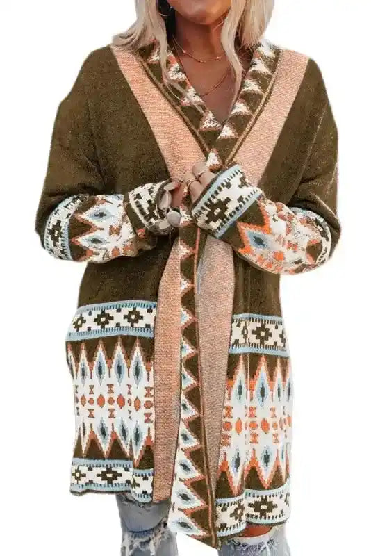 Brown Aztec Print Cardigan - Bohemian Style with long sleeves and tribal accents, styled for cozy fall layering.