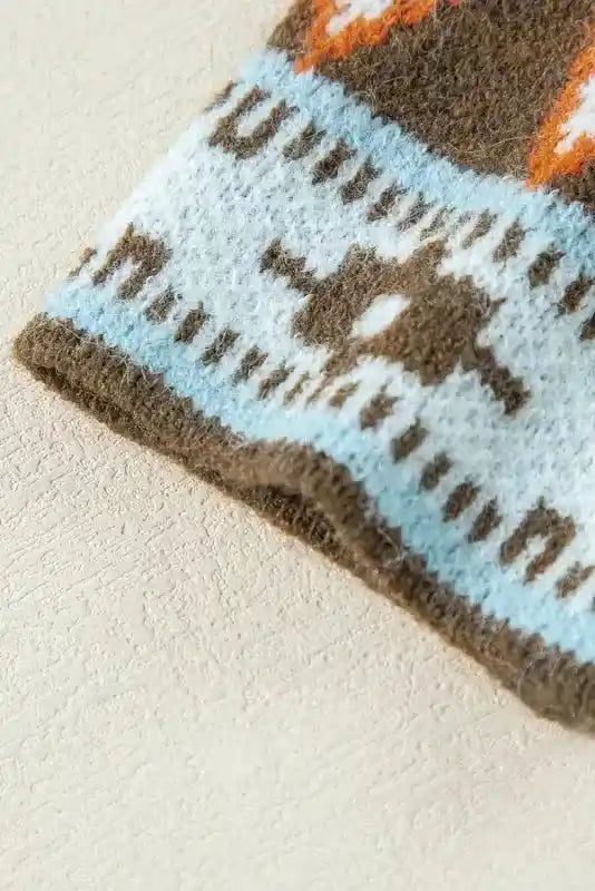 Hem detail of Brown Aztec Print Cardigan - Bohemian Style showing fine knit texture and tribal motif.