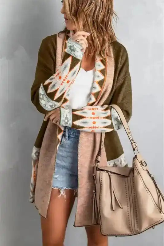 Brown Aztec Print Cardigan - Bohemian Style paired with casual outfit, highlighting long sleeves and tribal knit design.