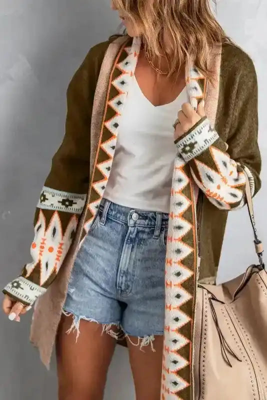 Close-up of Brown Aztec Print Cardigan - Bohemian Style showing detailed tribal knit on sleeves and front trim.