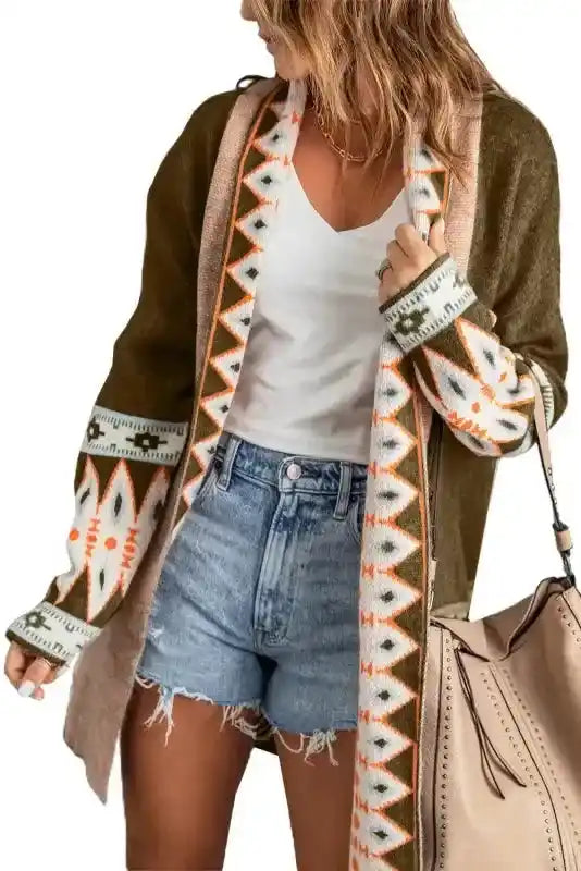 Brown Aztec Print Cardigan - Bohemian Style with open front and colorful geometric design, styled for casual fall fashion.
