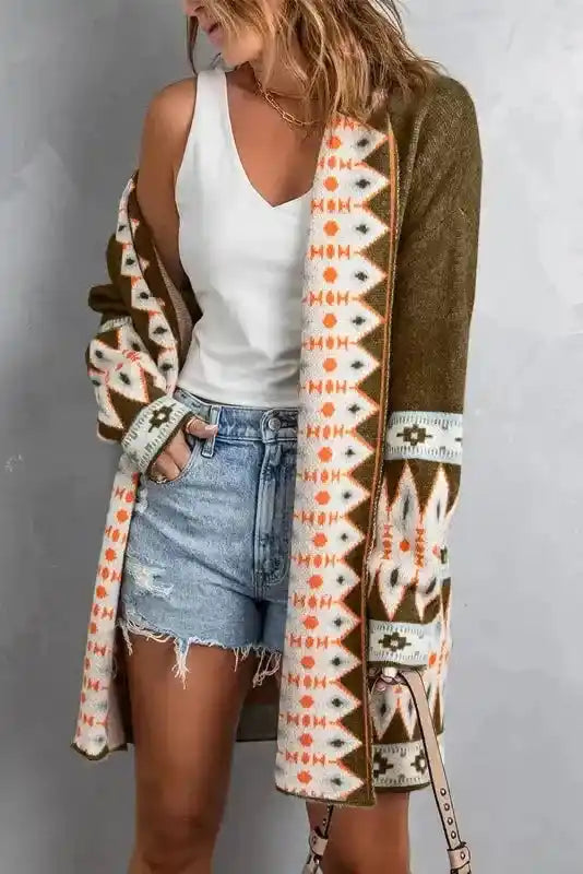 Open front Brown Aztec Print Cardigan - Bohemian Style with bold geometric patterns, perfect for layering in fall and winter.