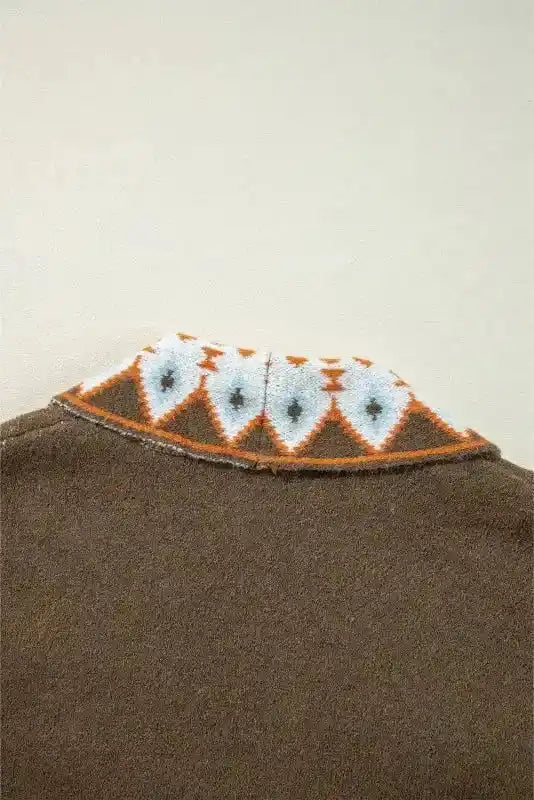 Back collar detail of Brown Aztec Print Cardigan - Bohemian Style highlighting symmetrical tribal knit design.