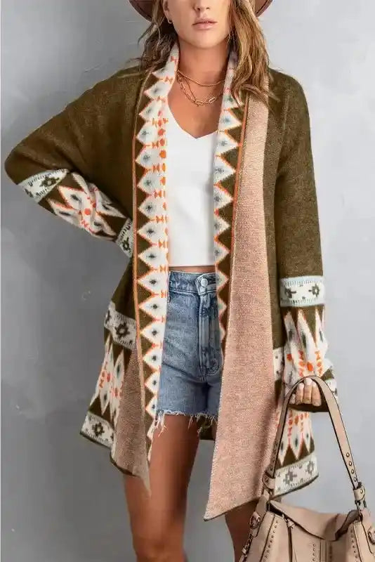 Front-facing Brown Aztec Print Cardigan - Bohemian Style with open duster silhouette and vibrant Aztec patterns for seasonal wear.
