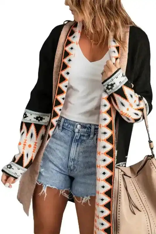 Versatile Brown Aztec Print Duster Cardigan in black, featuring bold geometric prints and cozy knit texture for women's fall fashion.