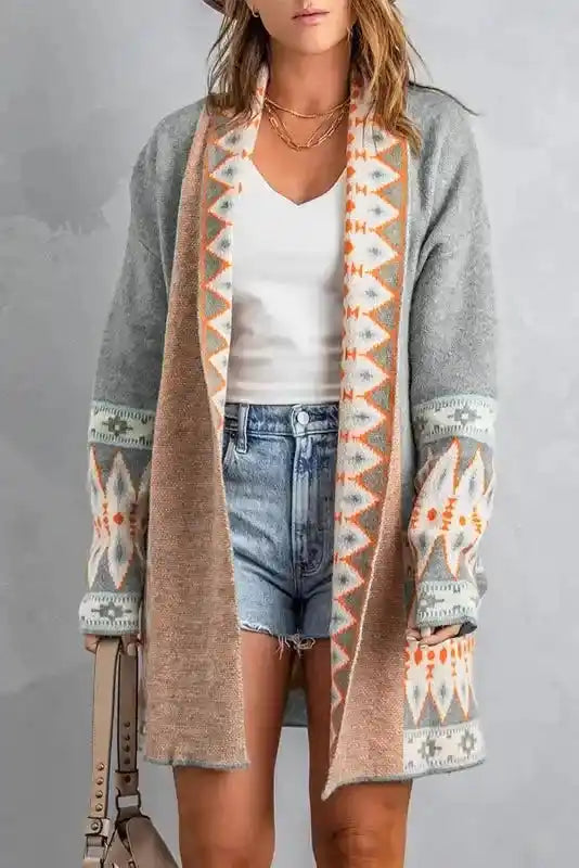 Gray Brown Aztec Print Cardigan with boho-inspired orange and white tribal accents, ideal for layering in cooler seasons.