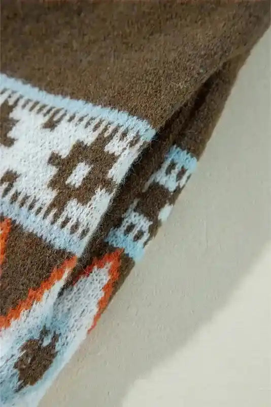 Sleeve detail of Brown Aztec Print Cardigan - Bohemian Style showcasing soft textured fabric and intricate Aztec print.