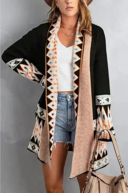 Front-facing black Brown Aztec Print Cardigan with open front and bohemian tribal design, perfect for layering in cooler seasons.