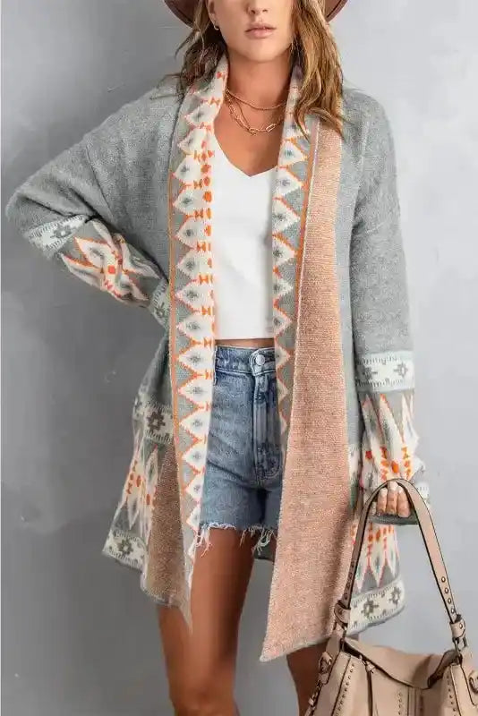 Gray Aztec Print Duster Cardigan featuring soft knit fabric and bold tribal trim, perfect for seasonal transitions in women's fashion.