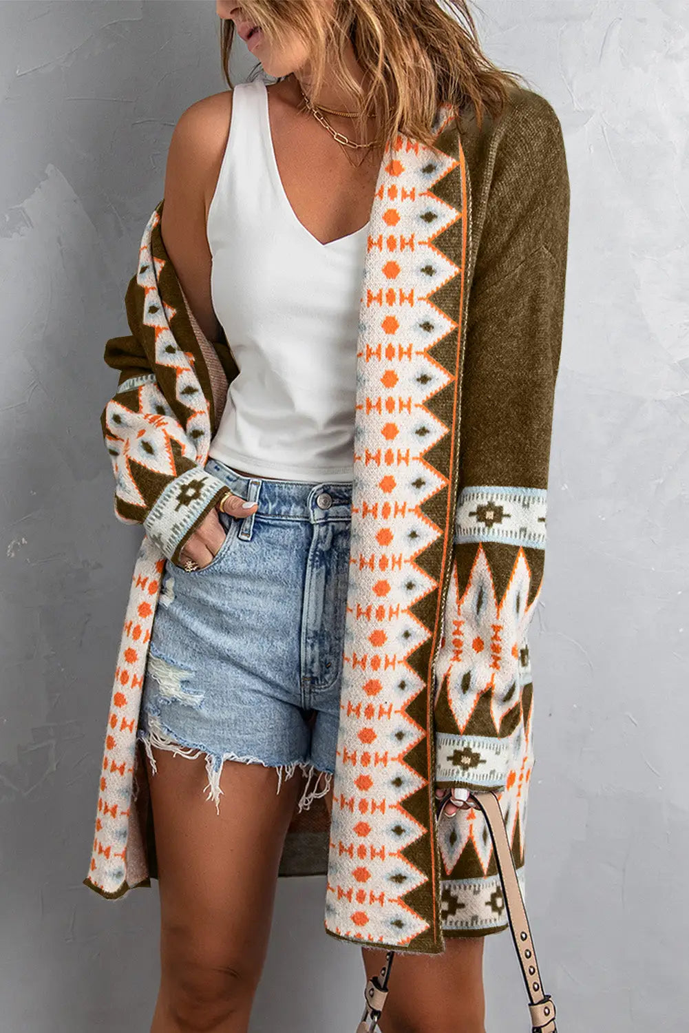 Brown aztec print open front knitted cardigan - sweaters & cardigans