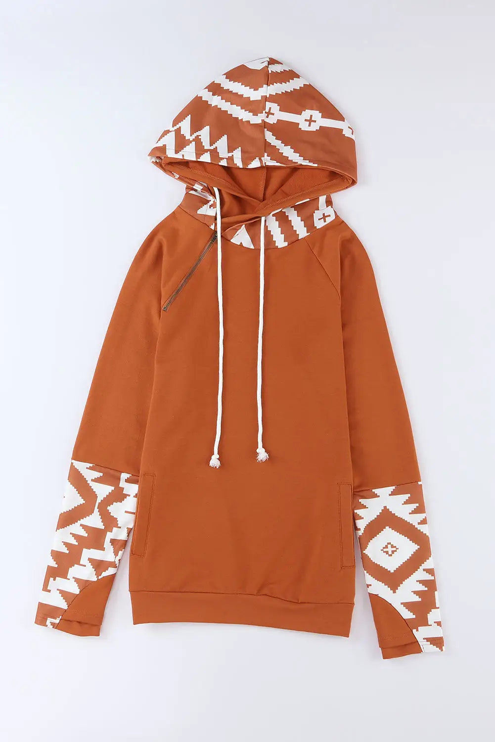 Brown aztec print patchwork thumb hole hoodie - sweatshirts & hoodies