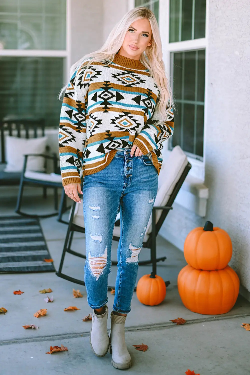 Brown aztec striped knit ribbed trim sweater - sweaters & cardigans
