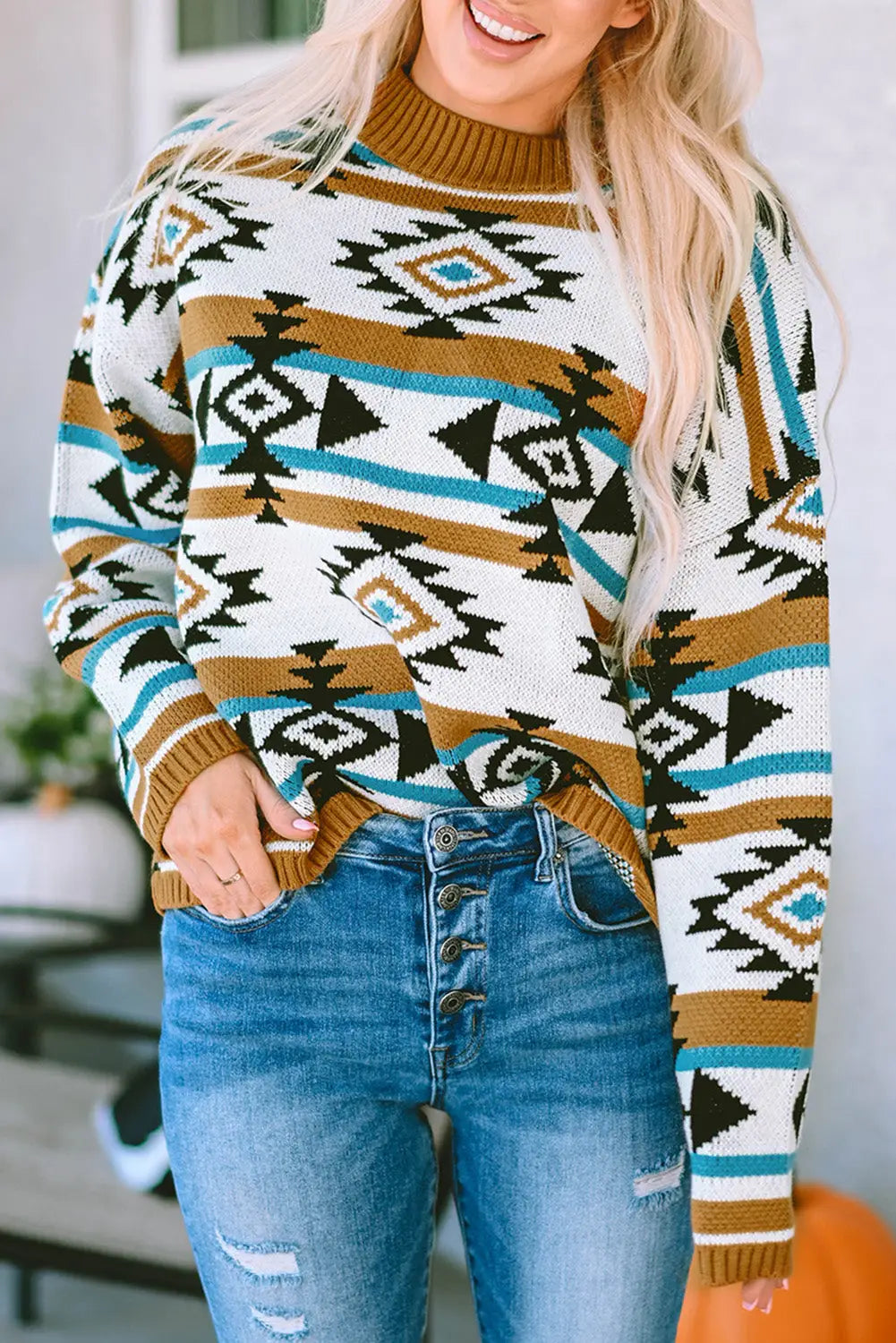 Brown aztec striped knit ribbed trim sweater - sweaters & cardigans