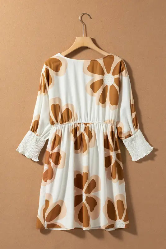 Brown big flower print 3/4 sleeve short dress - floral dresses