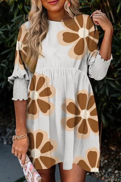 Brown big flower print 3/4 sleeve short dress - s / 100% polyester - floral dresses