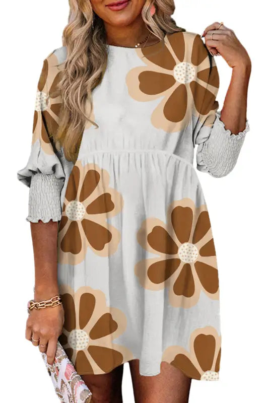 Brown big flower print 3/4 sleeve short dress - floral dresses