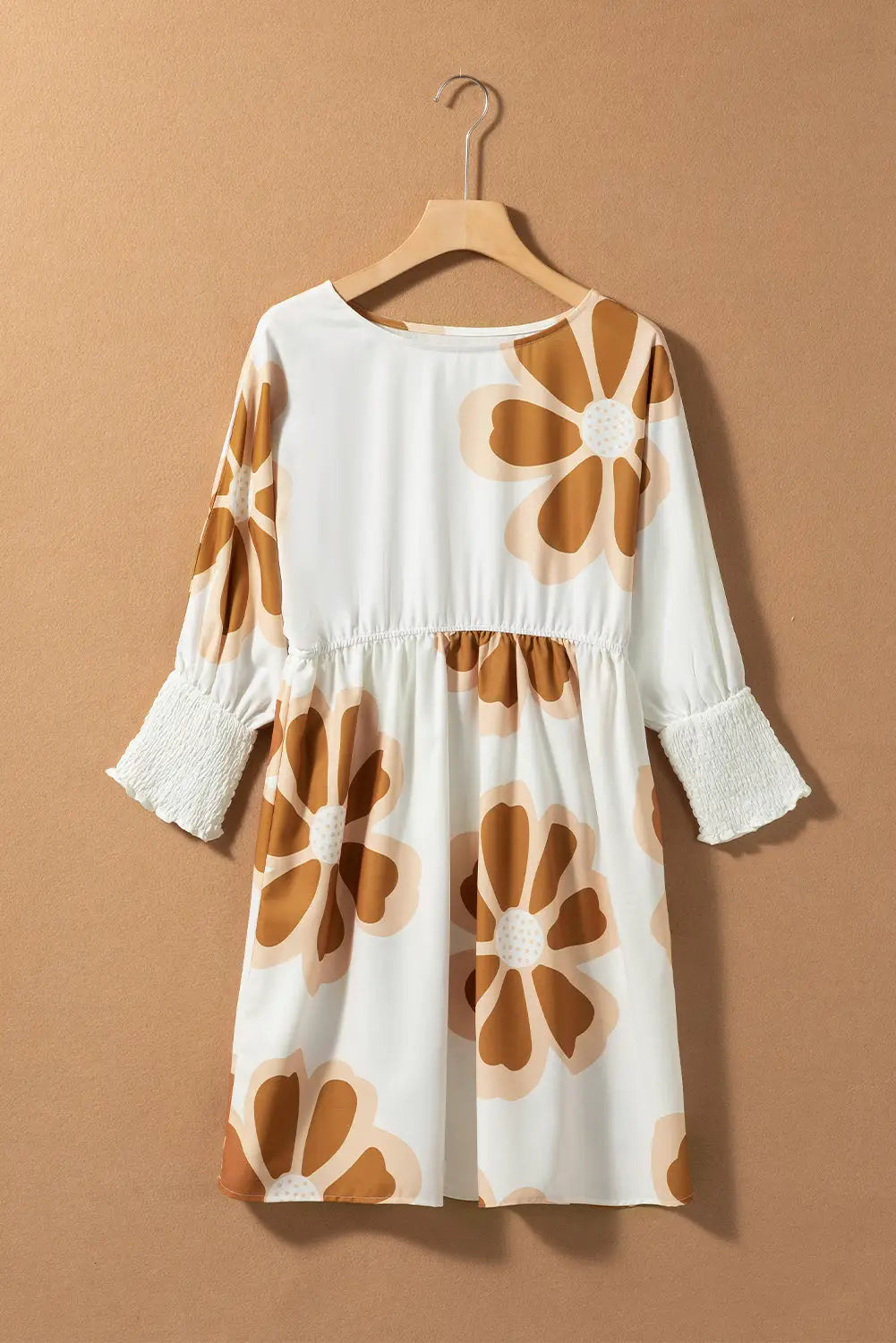 Brown big flower print 3/4 sleeve short dress - floral dresses