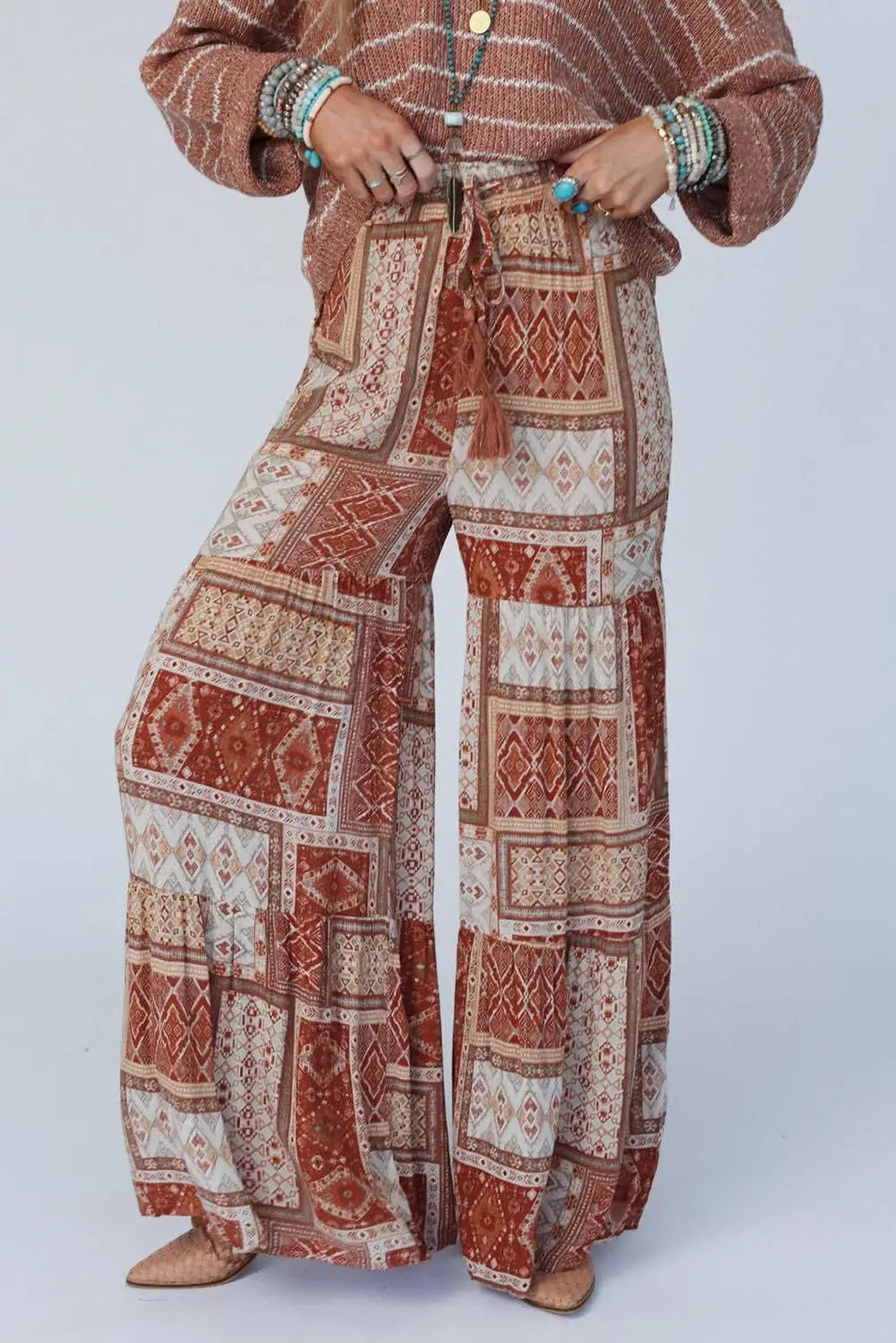 Brown boho aztec print tiered palazzo pants - s / 100% viscose - trousers
