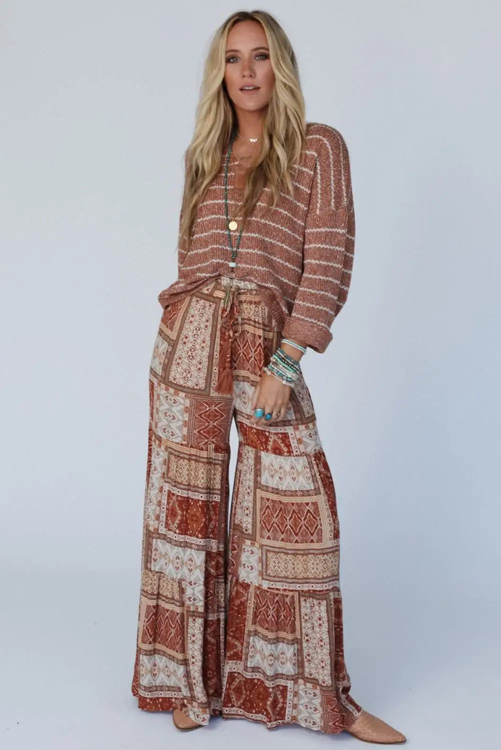 Brown boho aztec print tiered palazzo pants - trousers
