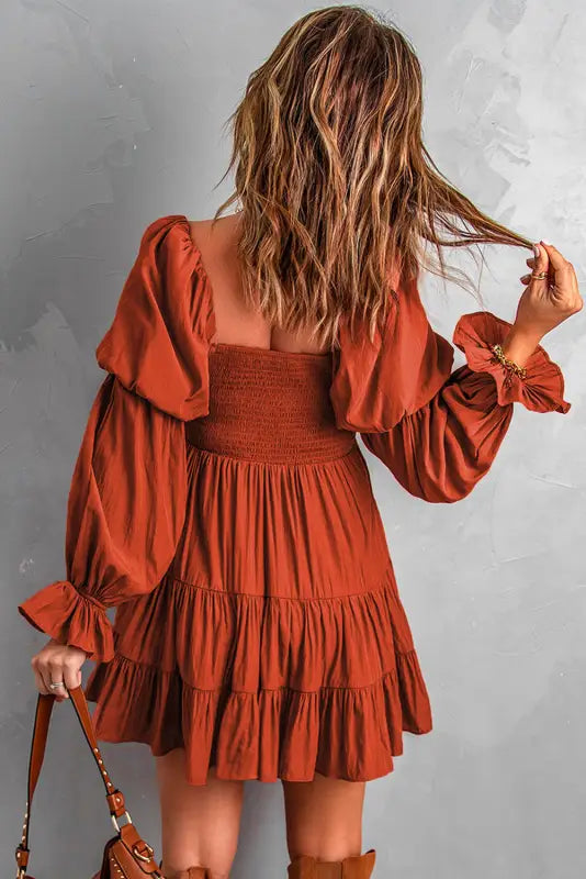 Brown boho solid shirred ruffle mini dress - dresses