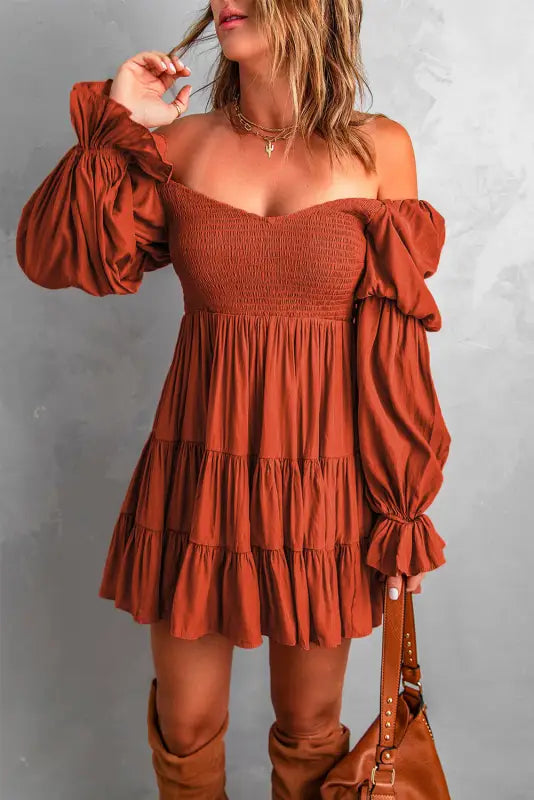 Brown boho solid shirred ruffle mini dress - s / 55% viscose + 45% polyester - dresses