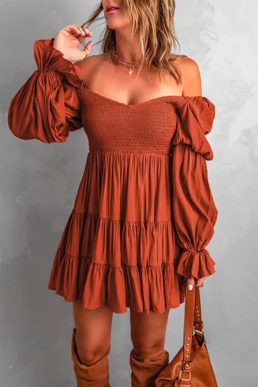 Brown boho solid shirred ruffle mini dress - s / 55% viscose + 45% polyester - dresses