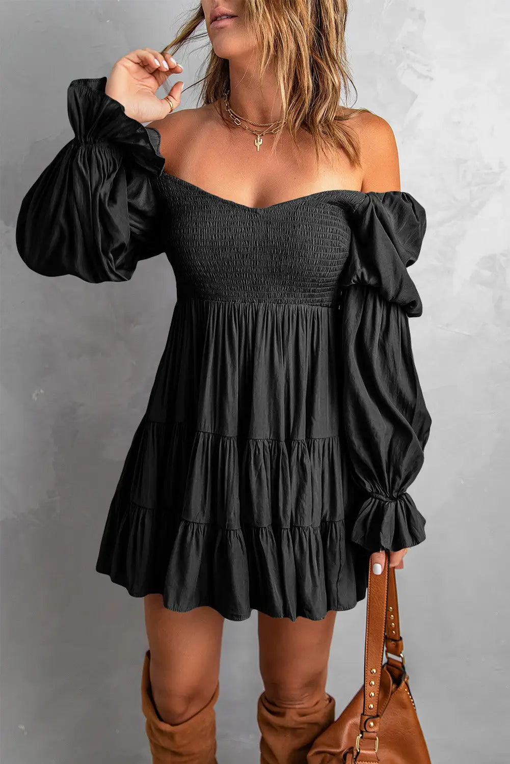 Brown boho solid shirred ruffle mini dress - black / s / 55% viscose + 45% polyester - dresses