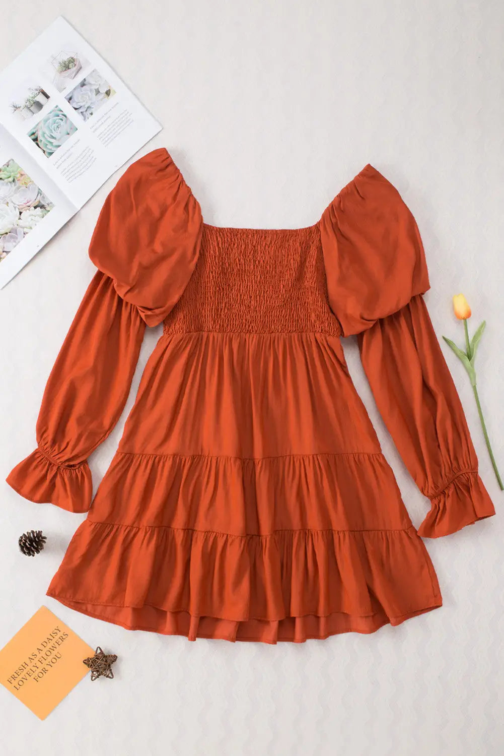Brown boho solid shirred ruffle mini dress - dresses