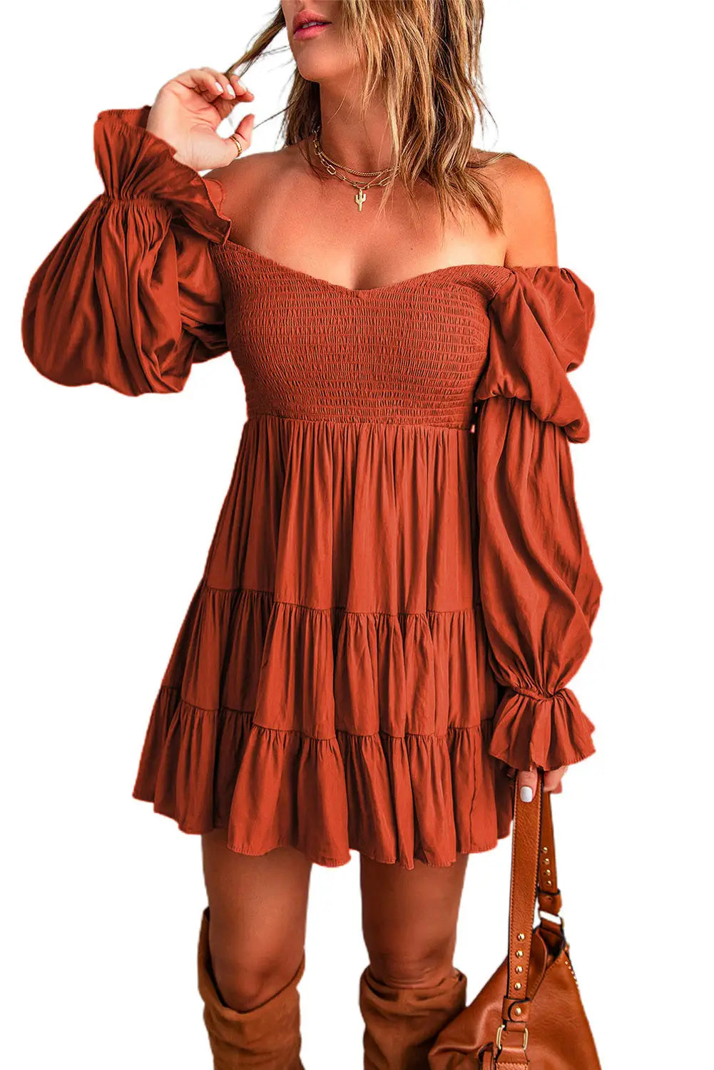 Brown boho solid shirred ruffle mini dress - dresses