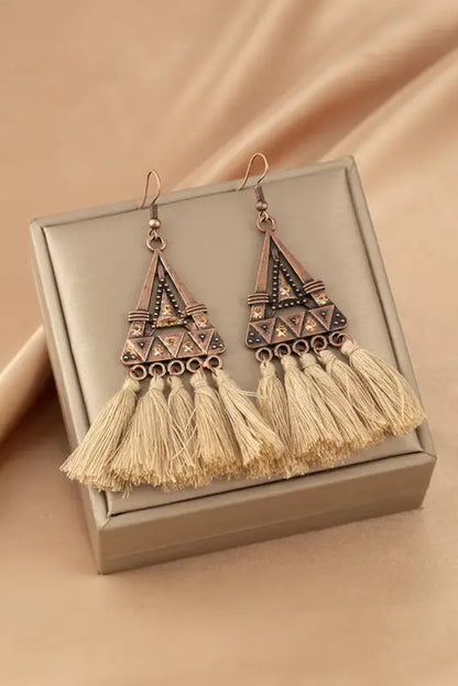 Brown boho triangle metal tasseled earrings - accessories