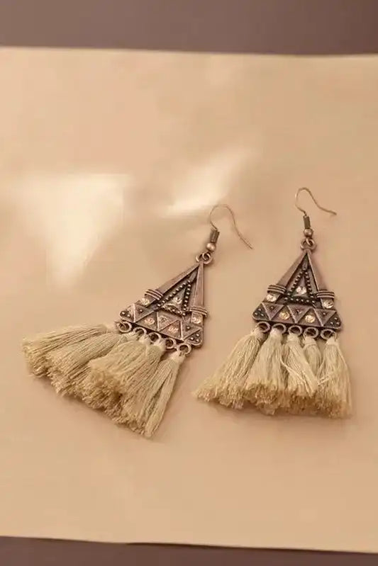 Brown Boho Triangle Metal Tasseled Earrings - Fashionfitz