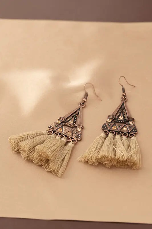 Brown boho triangle metal tasseled earrings - accessories