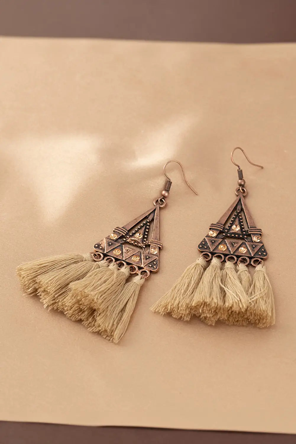 Brown boho triangle metal tasseled earrings - one size / alloy
