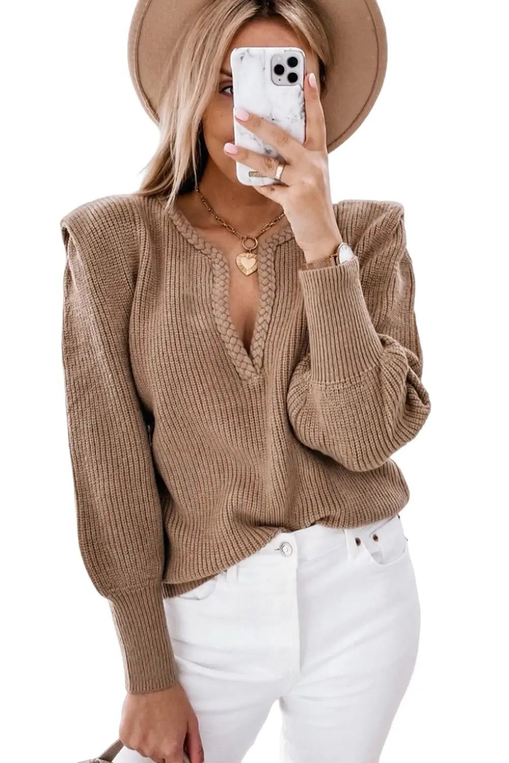 Brown braided notched v neckline puff sleeve knitted sweater - sweaters & cardigans