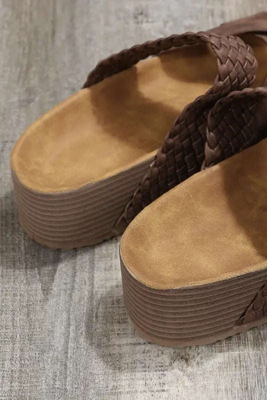 Brown braided pu leather platform slippers