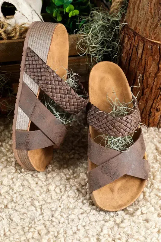Brown Braided PU Leather Platform Slippers - Fashionfitz