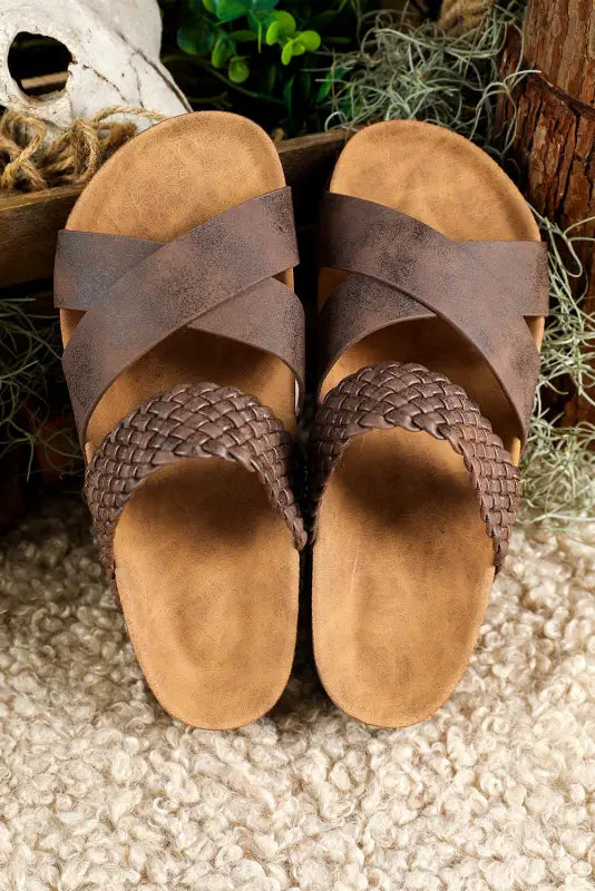 Brown braided pu leather platform slippers