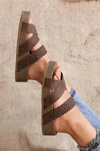Brown Braided PU Leather Platform Slippers - Fashionfitz