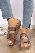 Brown Braided PU Leather Platform Slippers - Fashionfitz