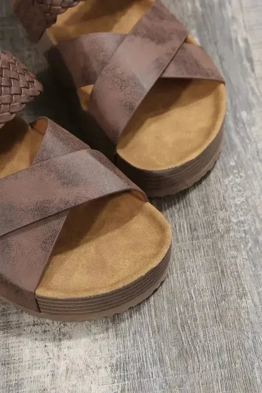 Brown Braided PU Leather Platform Slippers - Fashionfitz