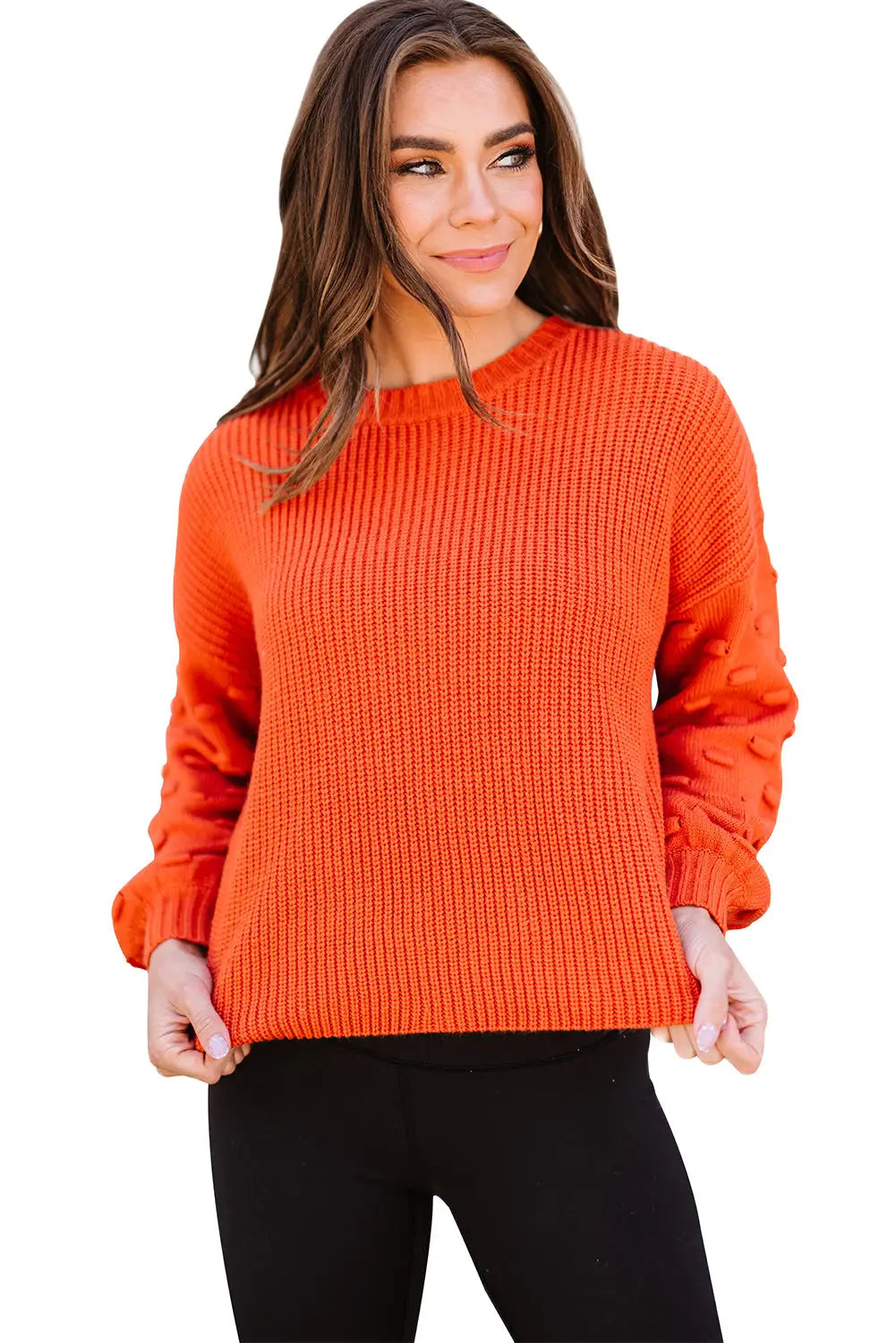 Brown bubble sleeve cropped knit sweater - sweaters & cardigans
