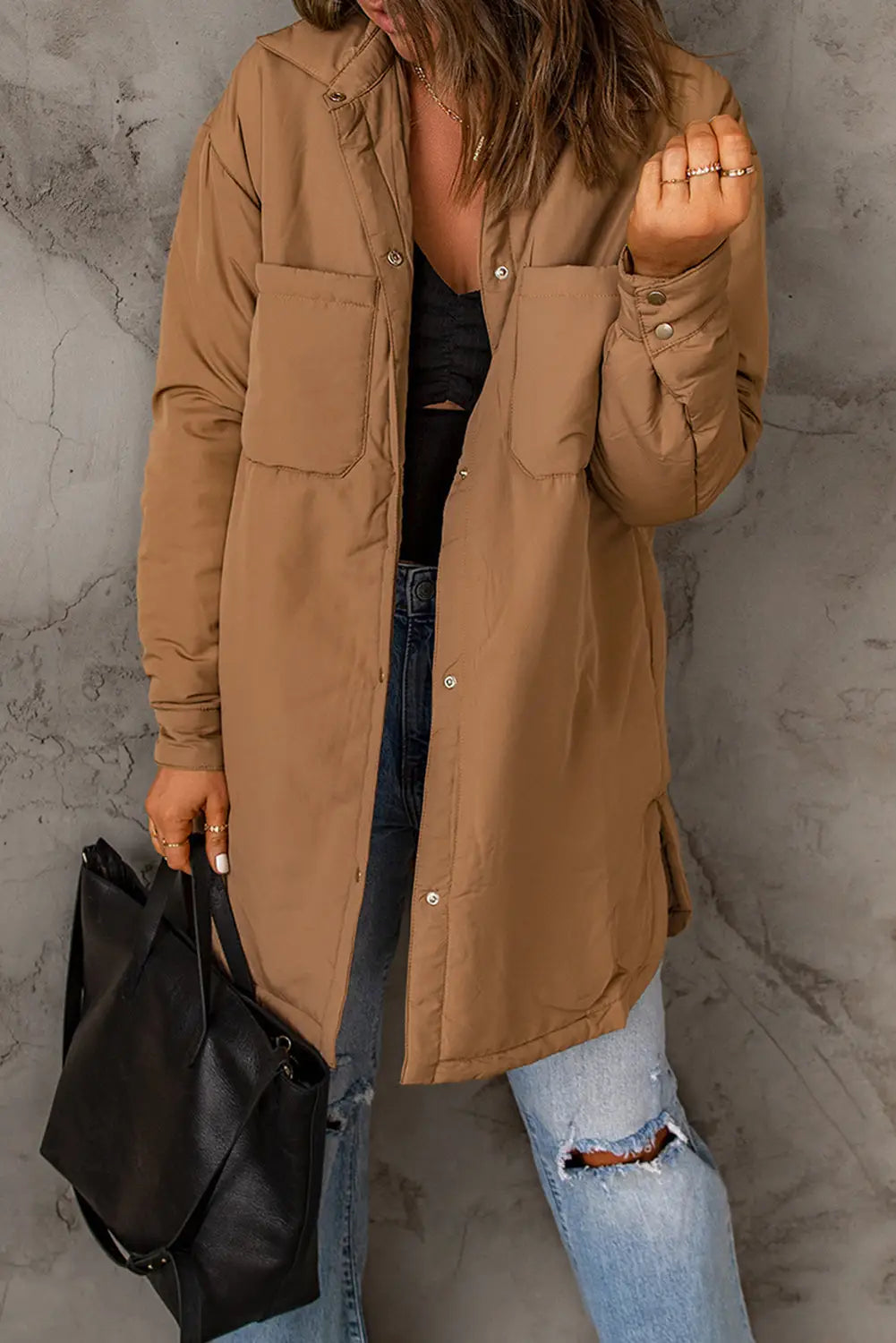 Brown button down padded jacket with pockets - outerwear