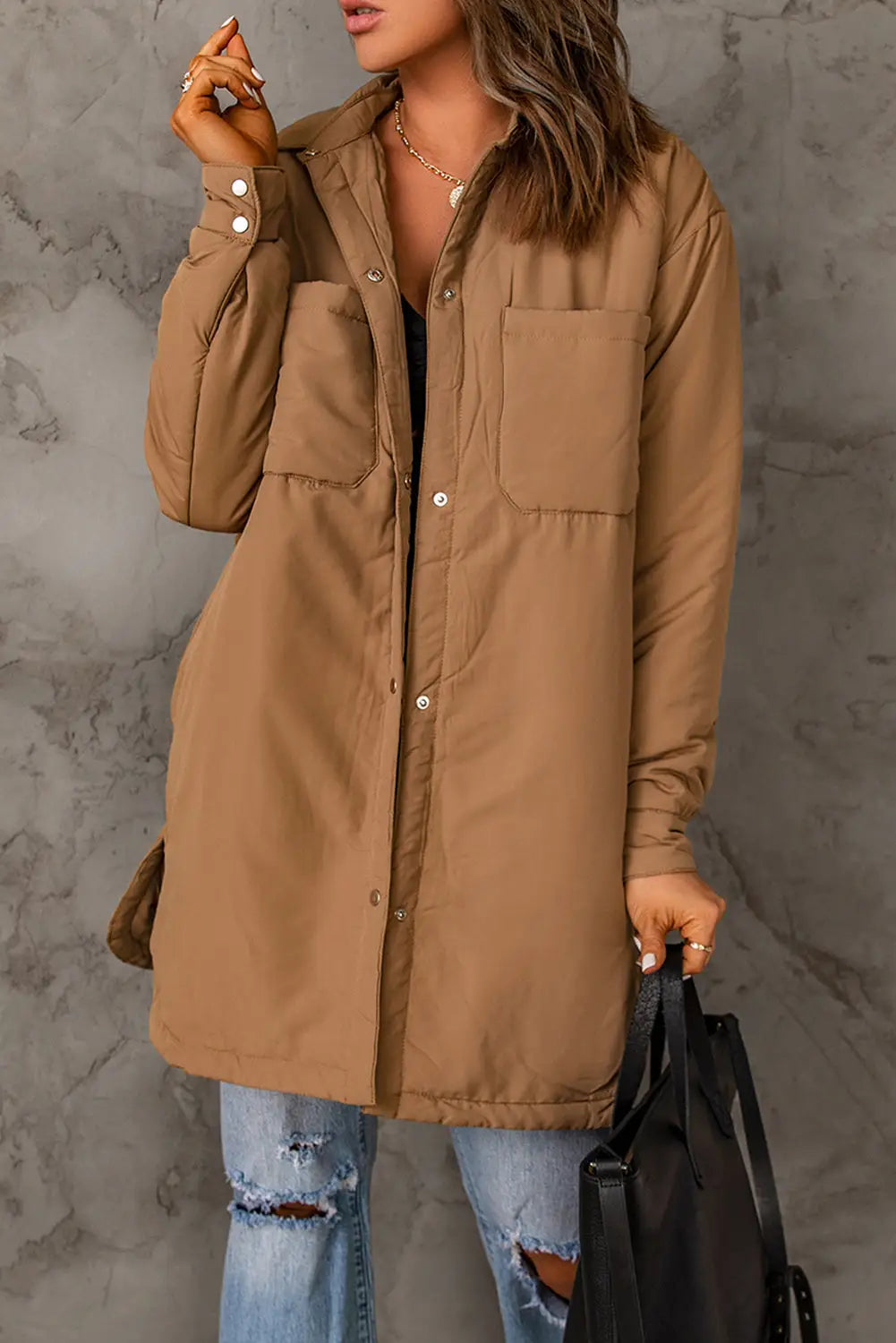 Brown button down padded jacket with pockets - s / 100% polyester - outerwear